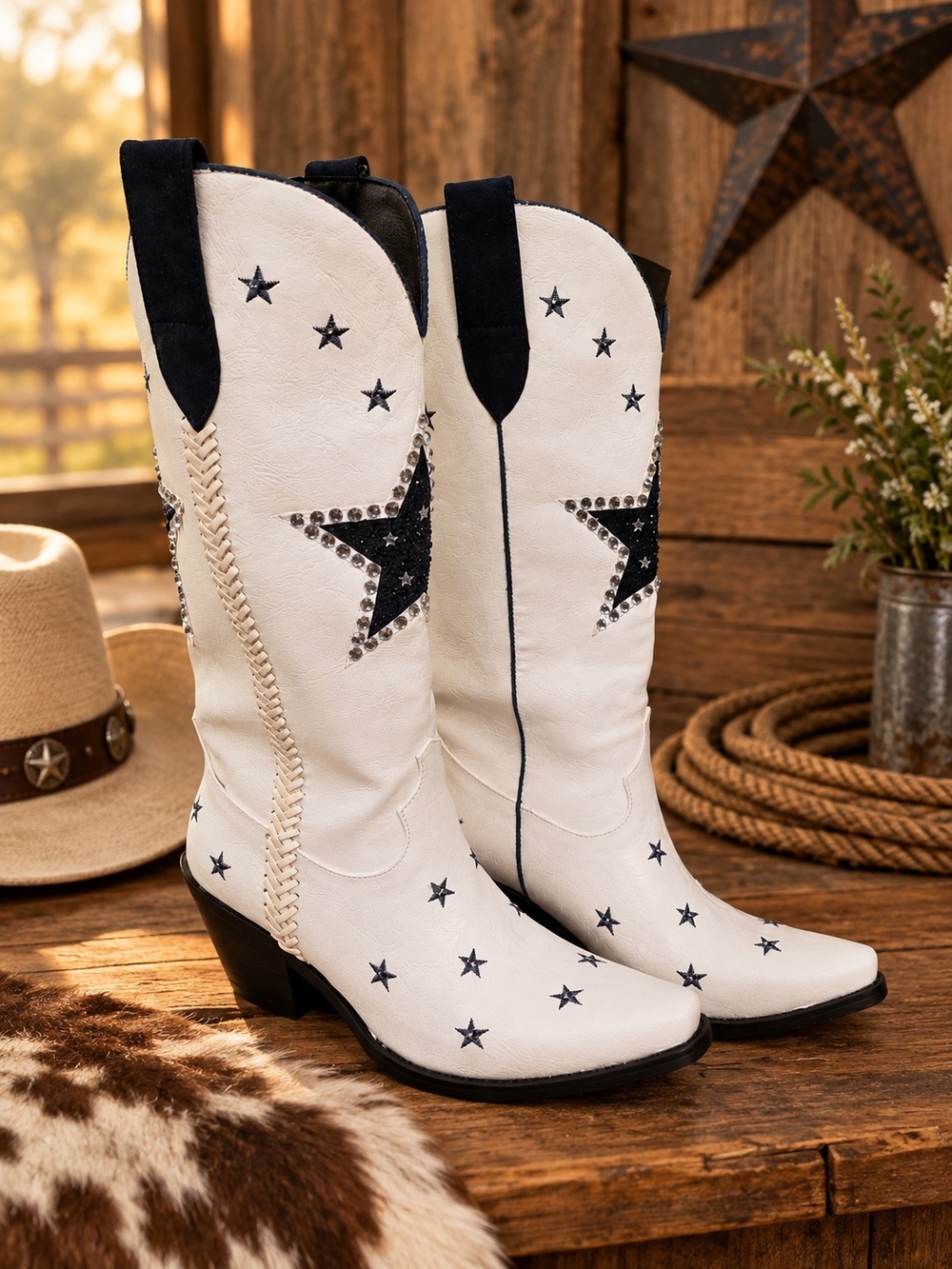 White Star Embellished Western Heeled Boots